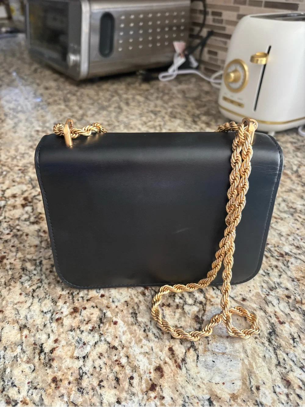 Tory Burch Black Leather Crossbody Bag with Gold Logo and Chain. Authentic.